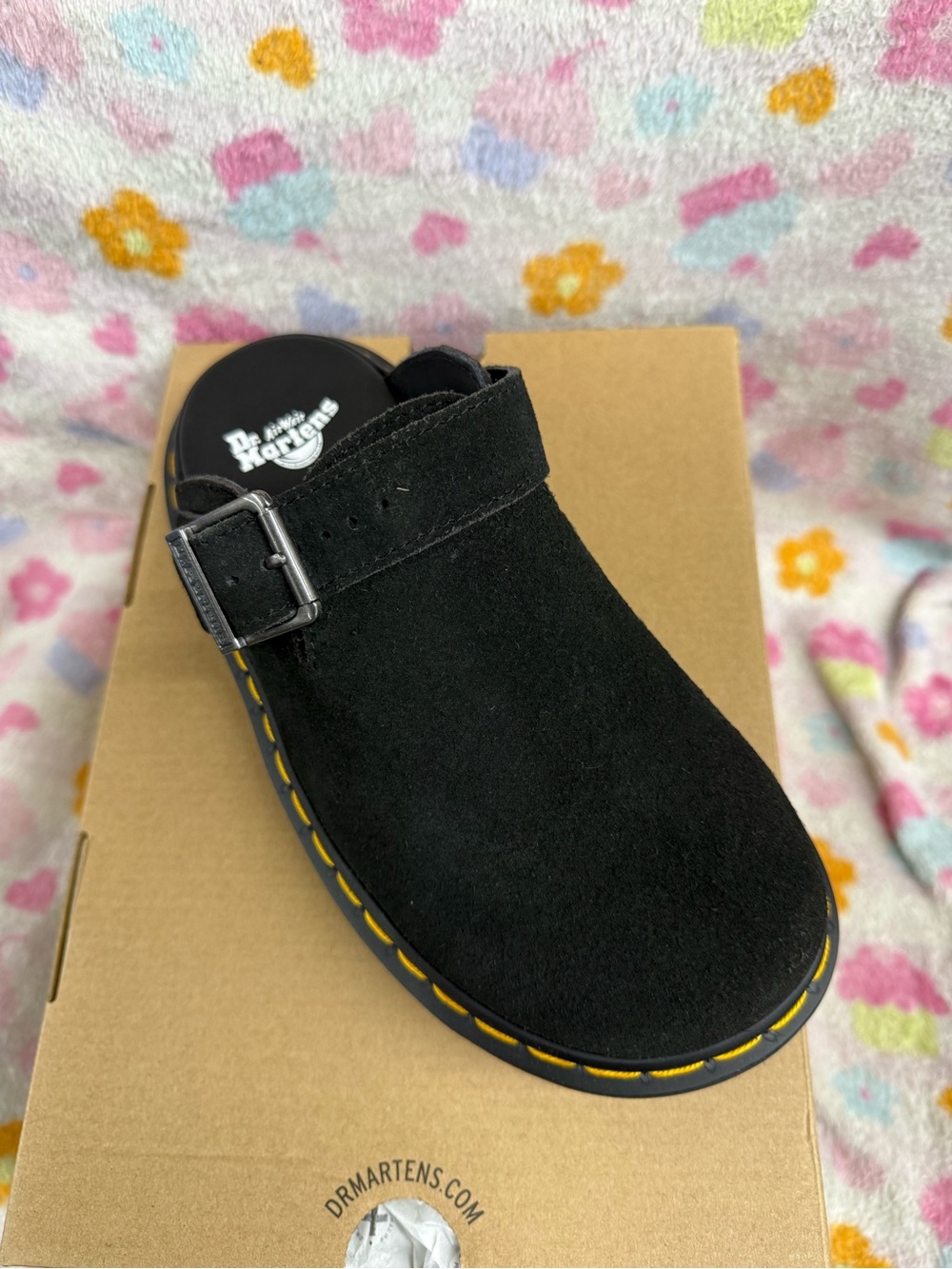 Dr. Martens Black Suede Mule with Yellow Stitching